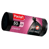 Мешки для мусора 60 л, черные, в рулоне 20 шт., ПНД, 7,4 мкм, 720х600 мм, PACLAN, 600820
